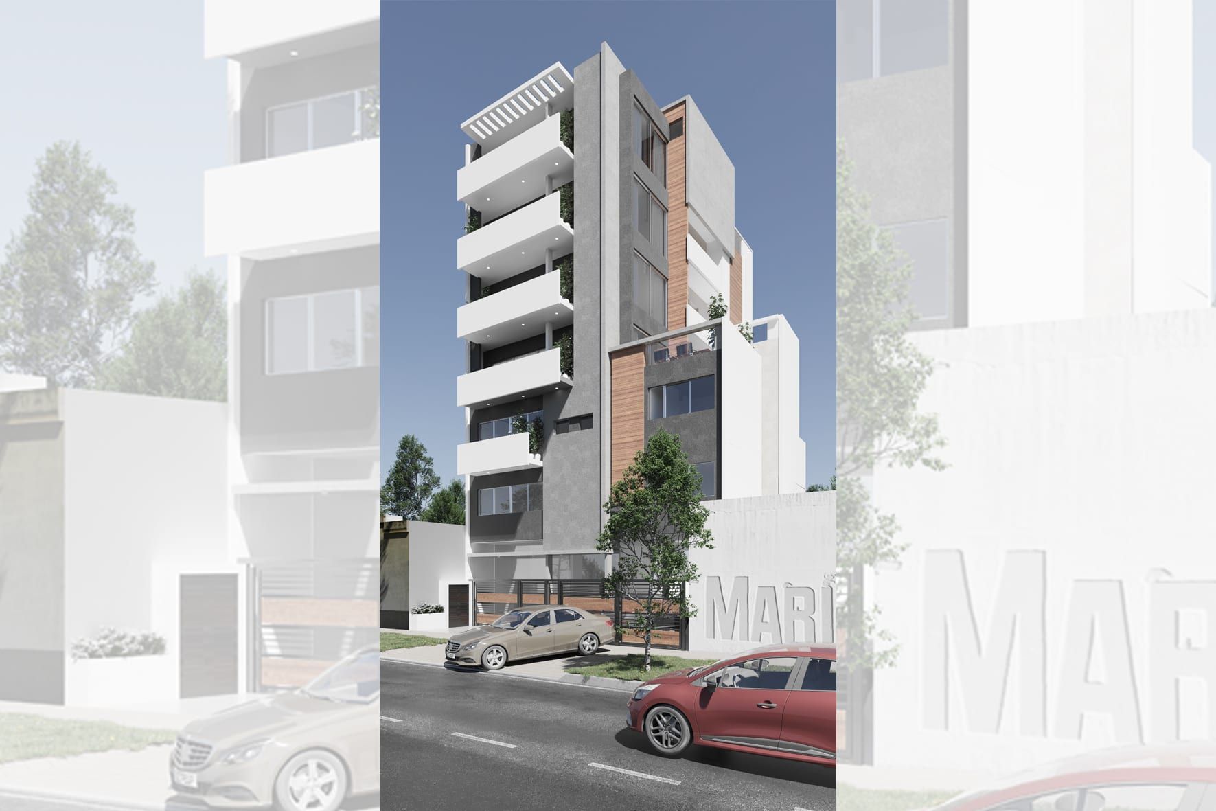 Render de la fachada de República 331: edificio de siete niveles con balcones blancos, hormigón gris y madera