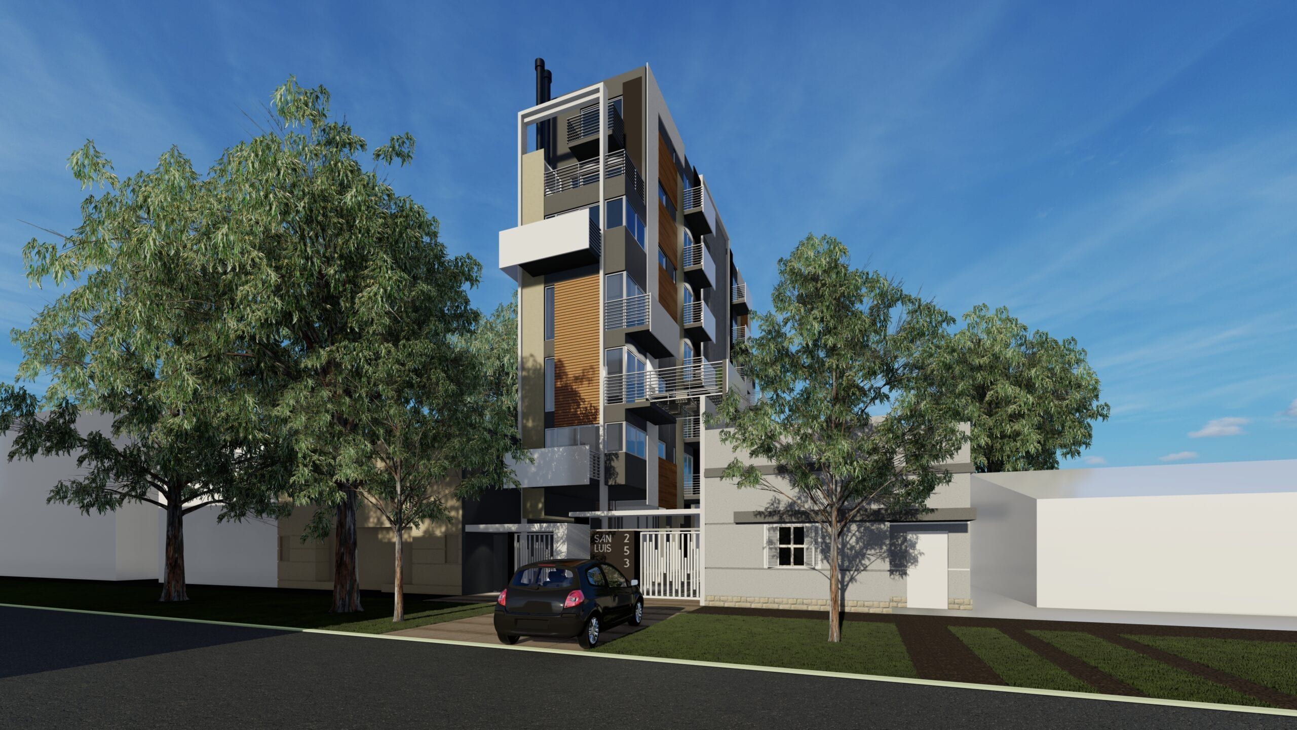Render de la fachada de San Luis 253: edificio en altura con balcones, madera y hormigón entre árboles de la cuadra