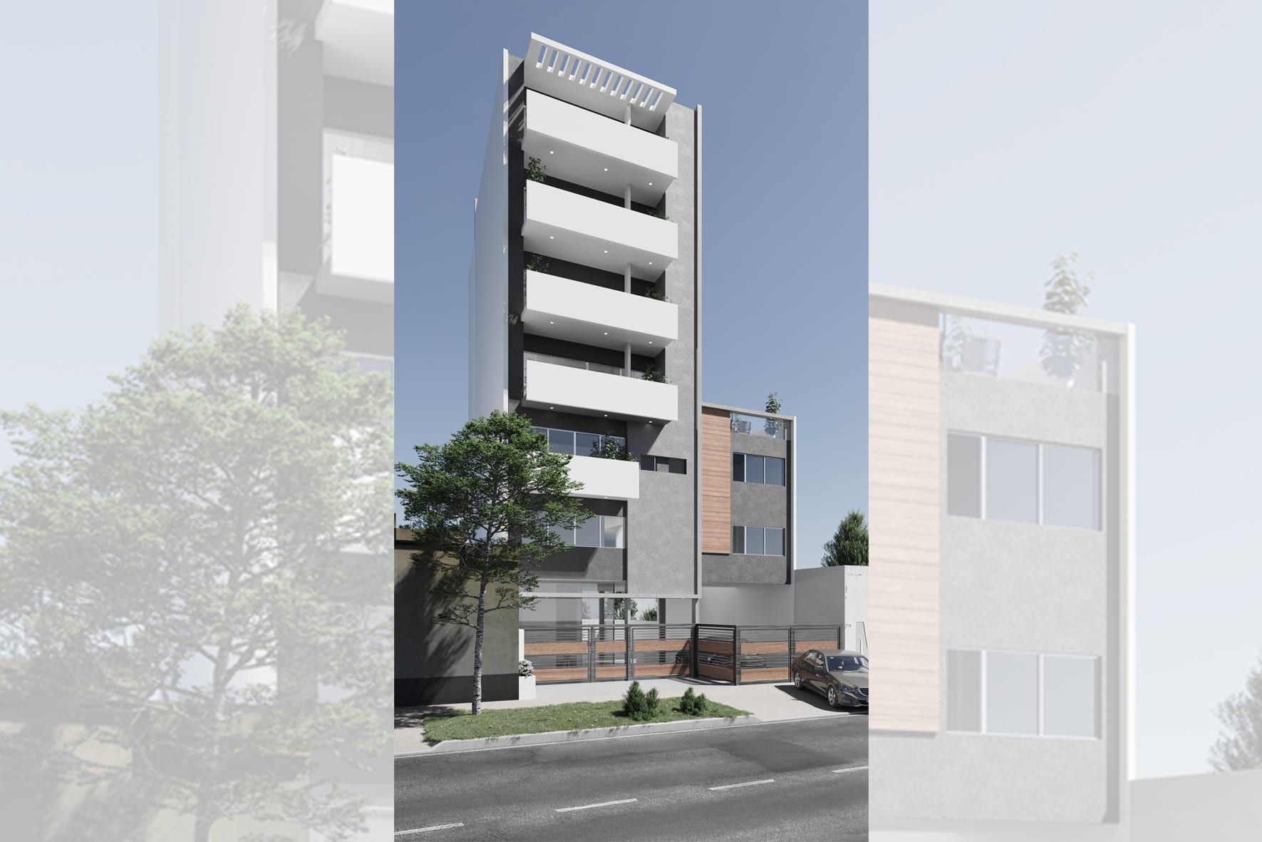 Render frontal de República 331 desde la vereda, con balcones corridos, cerco de madera y arbolado en la calle