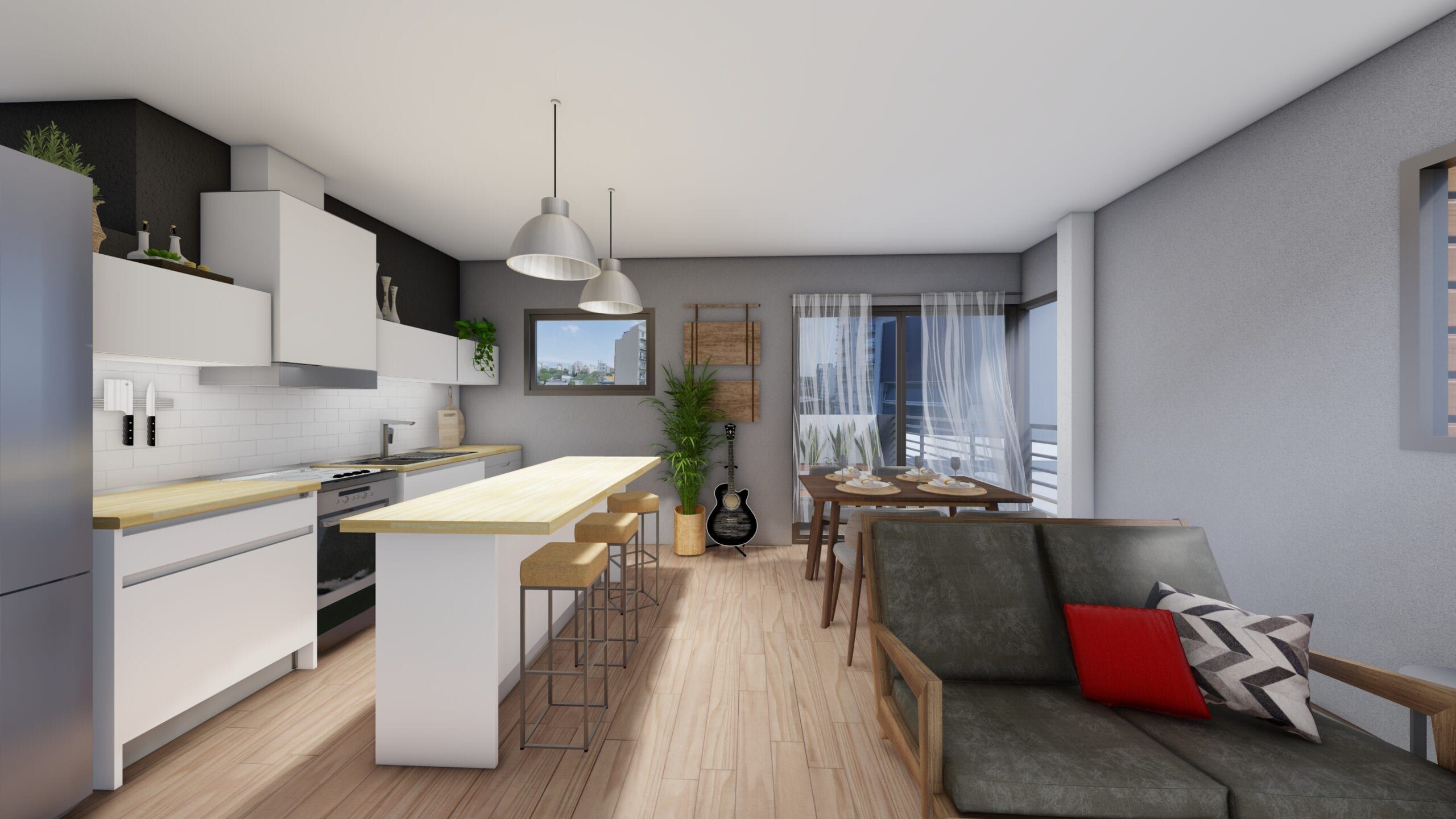 Render interior de un 2 ambientes: cocina con barra desayunadora integrada al living comedor y salida al balcón
