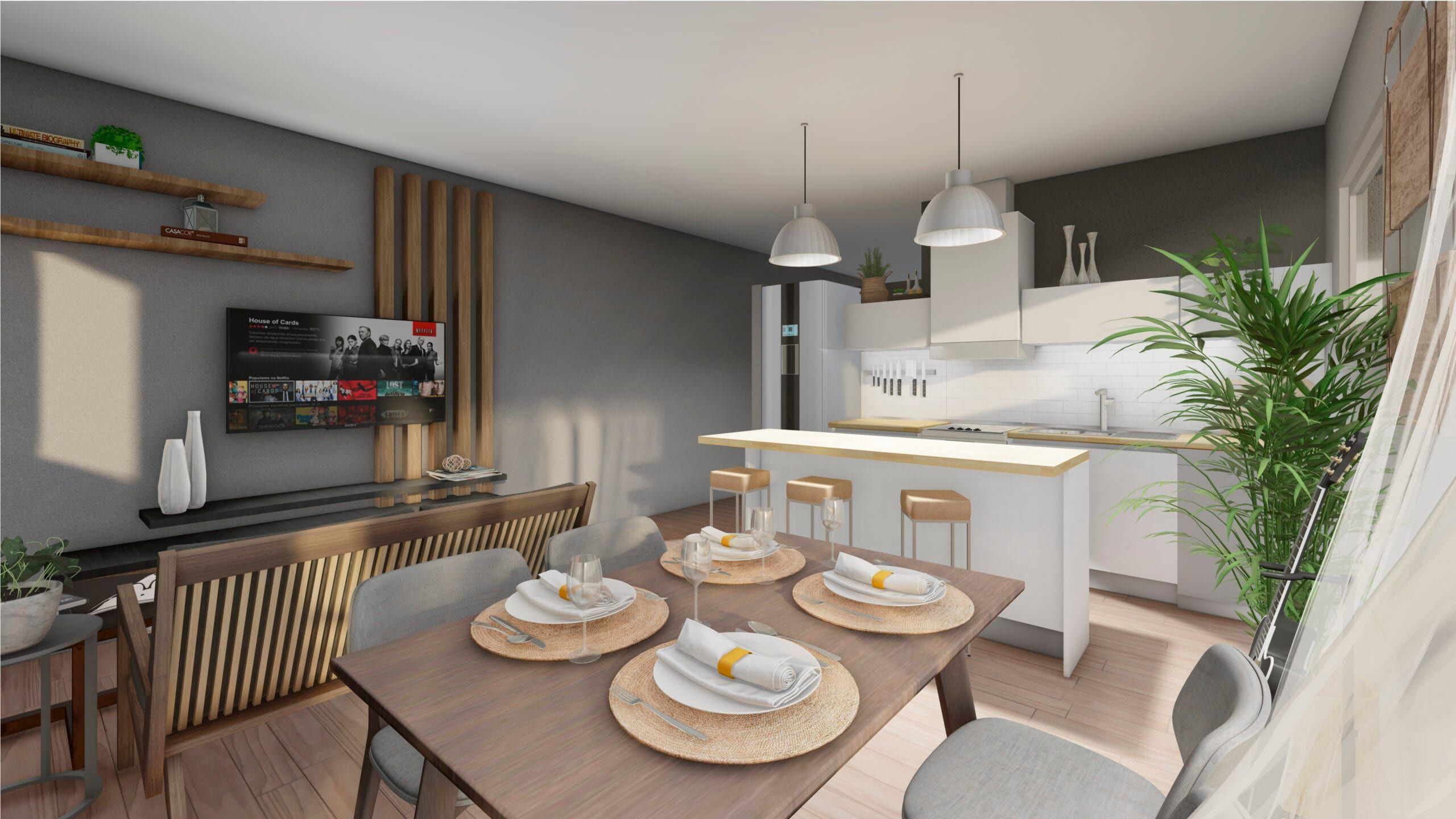 Render del living comedor con mesa para cuatro, TV sobre panel de madera y cocina blanca con isla al fondo
