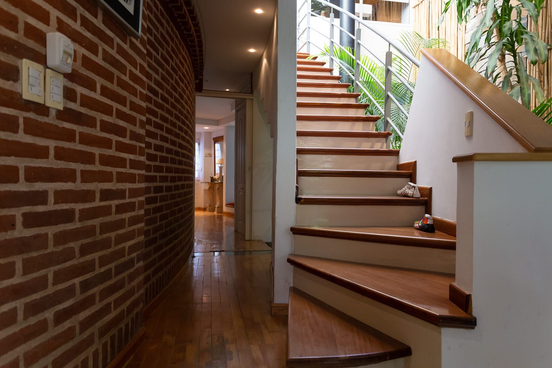 Escalera de madera con baranda metálica junto al jardín interno de bambú y palmeras