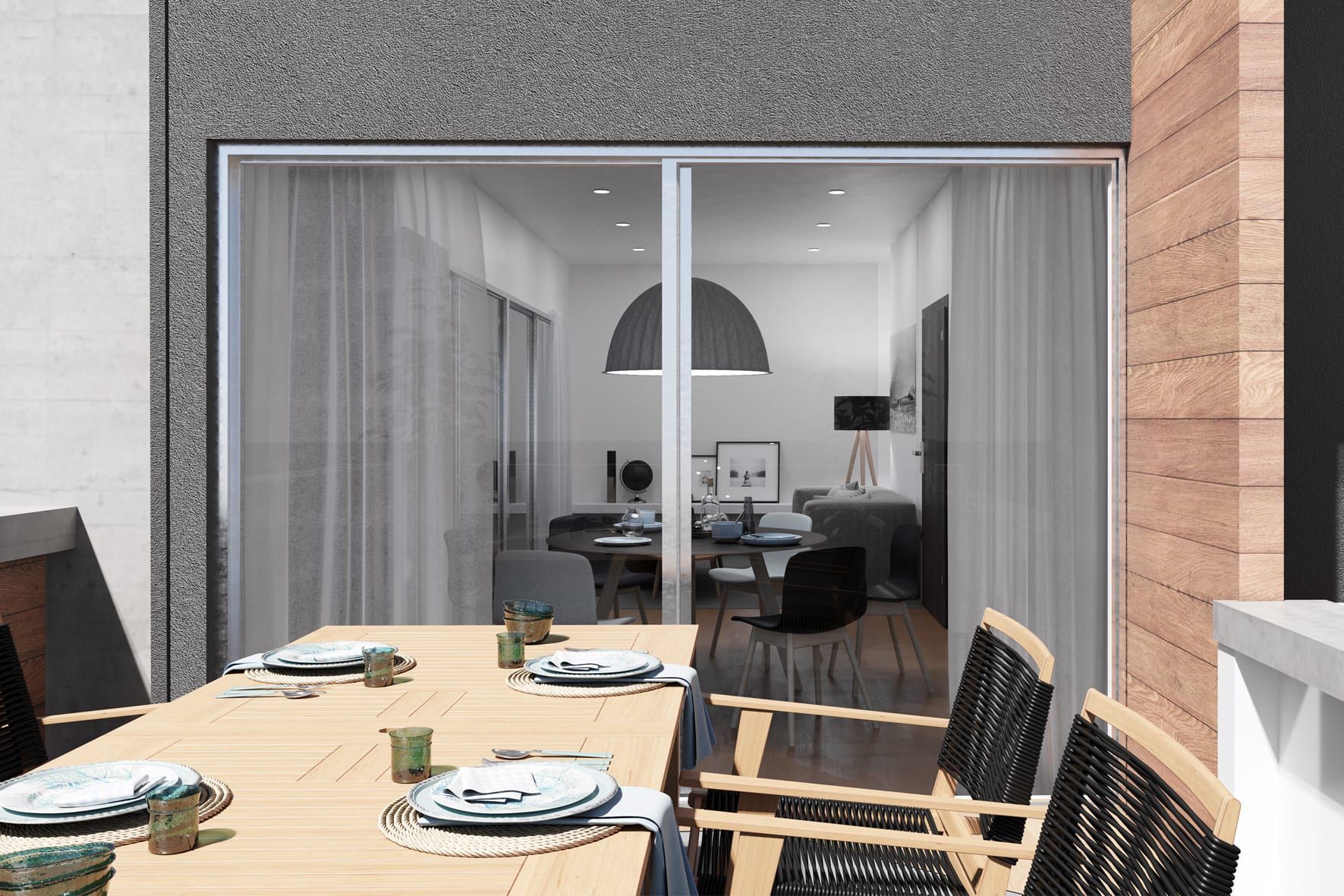 Render de la terraza con mesa para comer al aire libre, integrada al living comedor por un ventanal corredizo