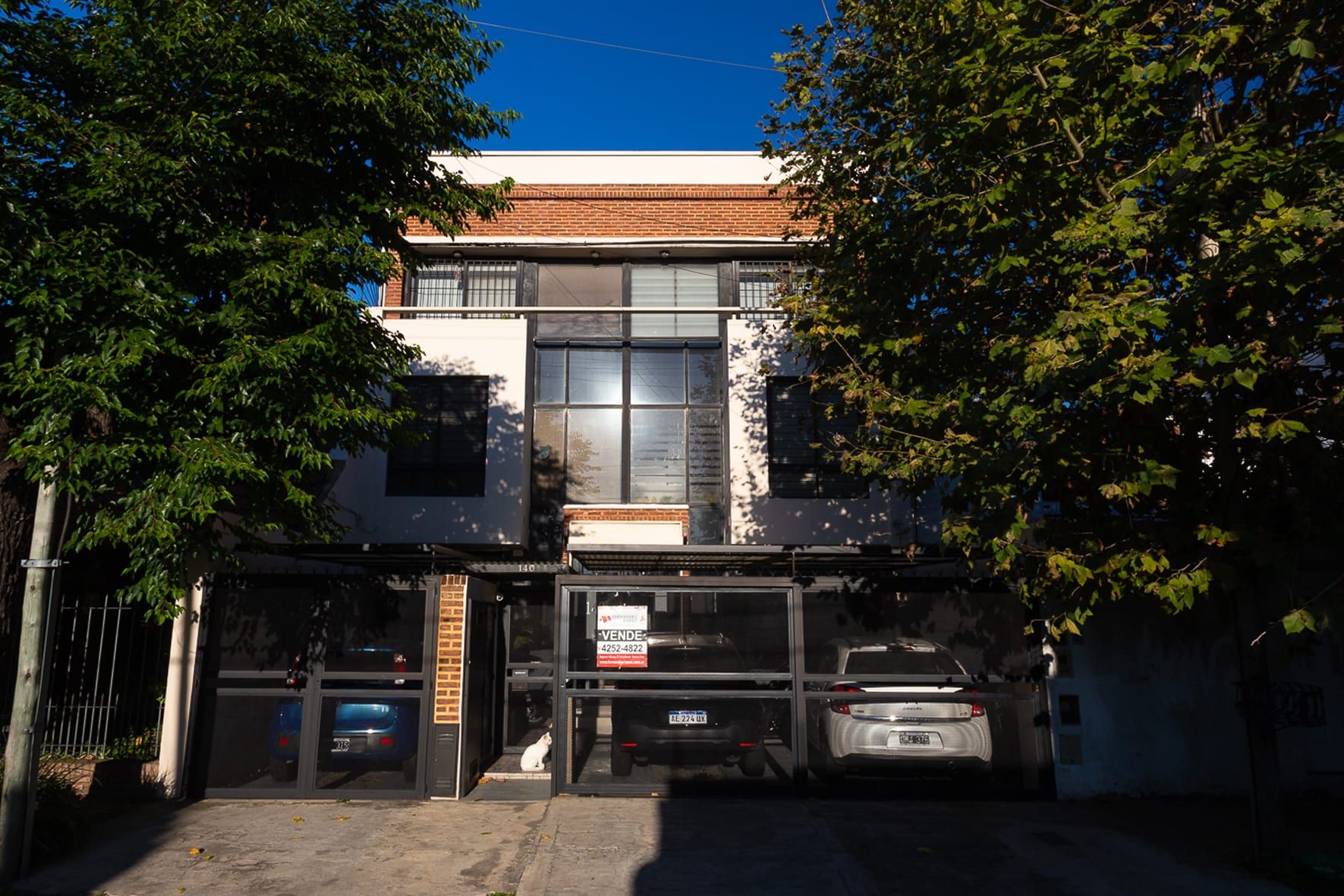 Frente de Rawson 140 desde la calle, entre árboles: tres niveles con cocheras cubiertas en planta baja