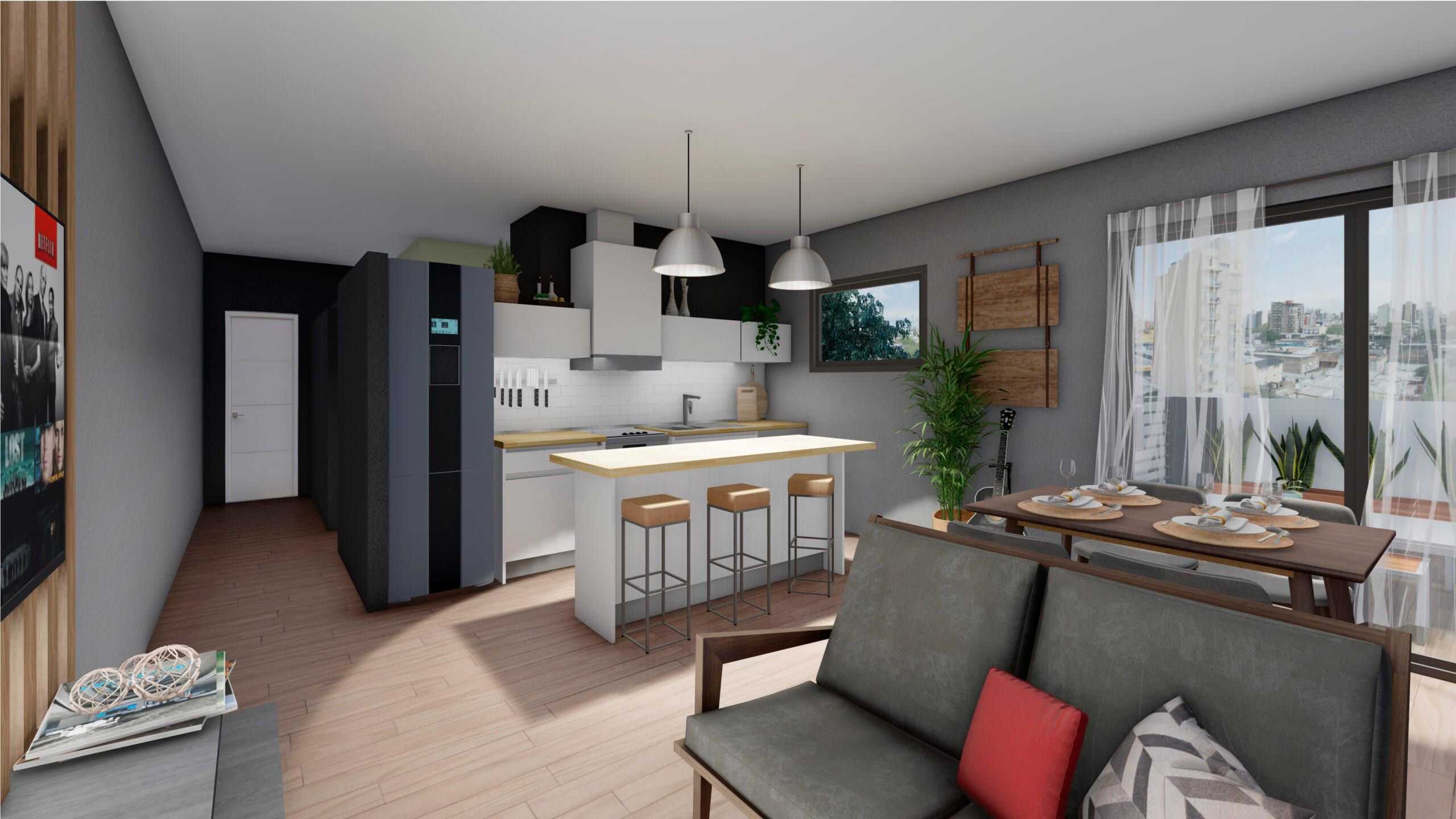 Render de living comedor integrado con cocina en isla, ventanal al balcón y vista abierta sobre Quilmes