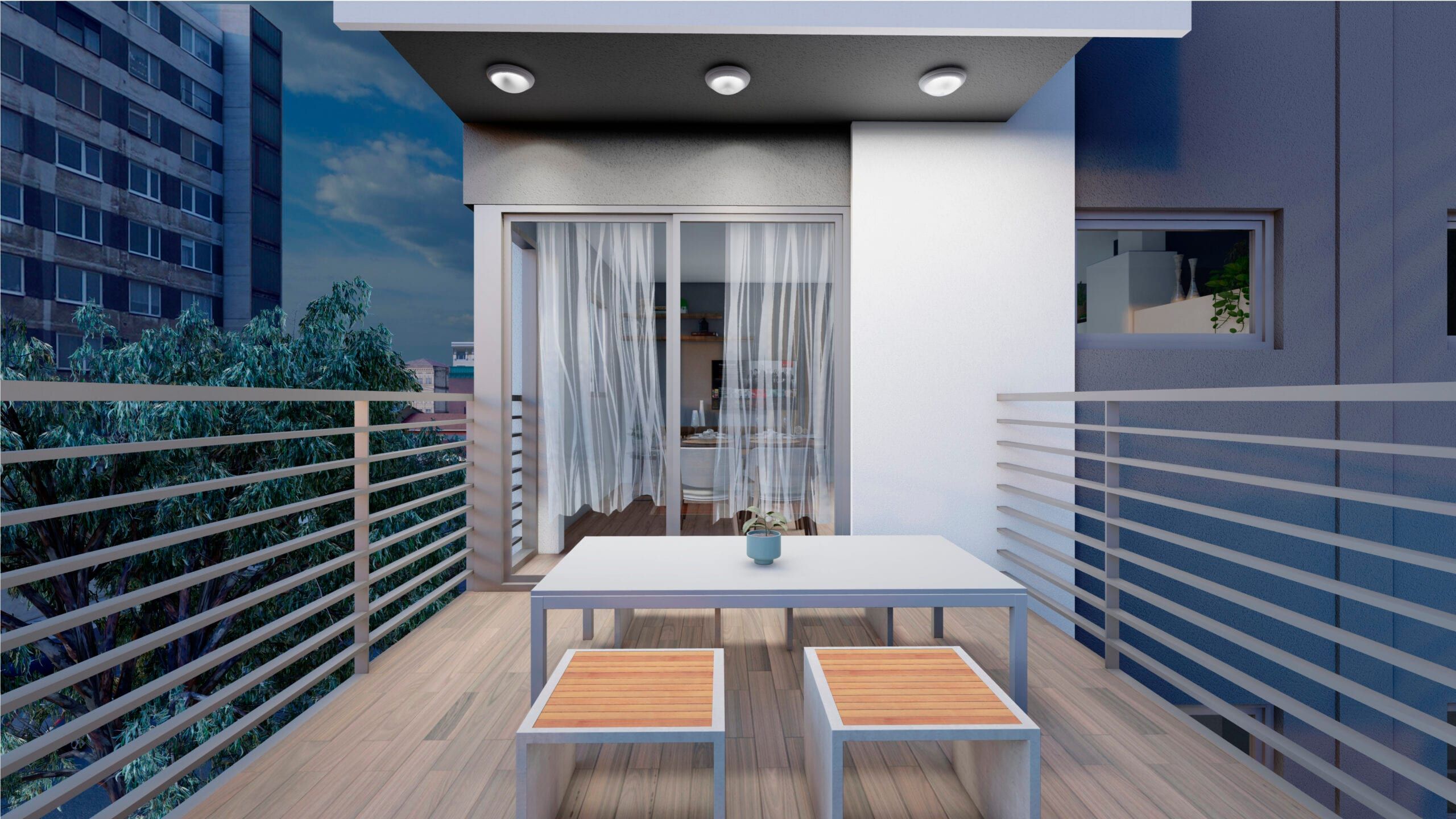Render del balcón terraza con deck de madera, mesa y bancos, baranda metálica y arboleda de la calle San Luis
