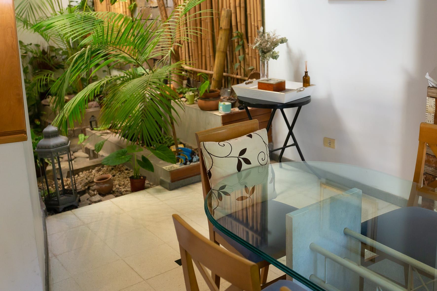 Comedor con mesa de vidrio integrado al patio interno con canteros y cerco de bambú